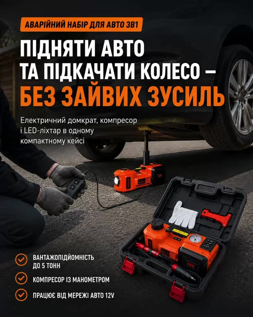 Аварійний набір для авто 3в1 — підняти авто та підкачати колесо без зайвих зусиль