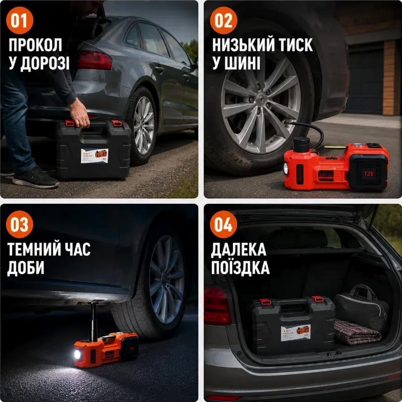 01 Прокол у дорозі, 02 Низький тиск у шині, 03 Темний час доби, 04 Далека поїздка