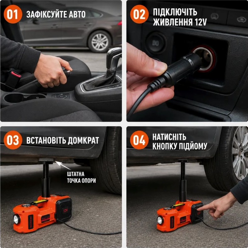 01 Зафіксуйте авто, 02 Підключіть живлення 12V, 03 Встановіть домкрат, 04 Натисніть кнопку підйому